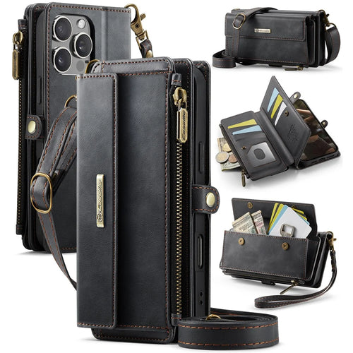 CASEME For iPhone 16 Pro  Case C39 RFID Blocking Zipper Wallet Stand Leather Cover with Strap - Black - 1