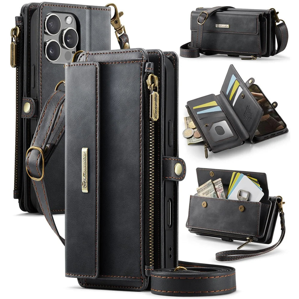 CASEME For iPhone 16 Pro  Case C39 RFID Blocking Zipper Wallet Stand Leather Cover with Strap - Black - 1