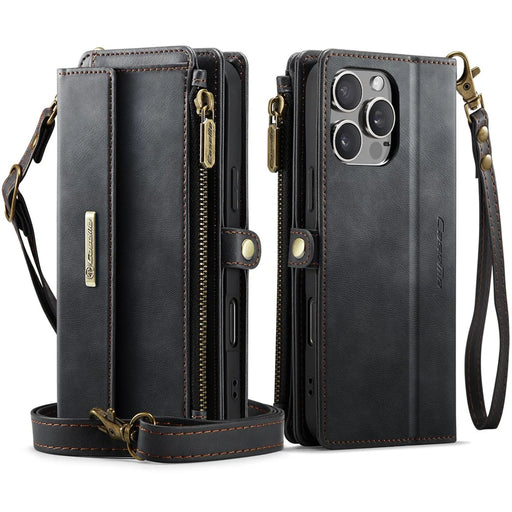 CASEME For iPhone 16 Pro  Case C39 RFID Blocking Zipper Wallet Stand Leather Cover with Strap - Black - 2