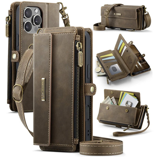 CASEME For iPhone 16 Pro Max  C39 RFID Blocking Zipper Wallet Stand Leather Cover with Strap - Brown - 1