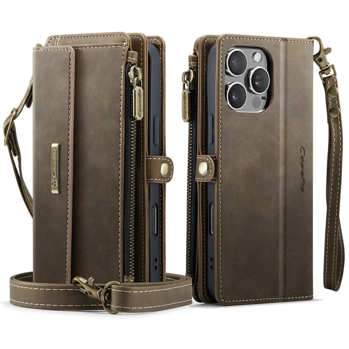 CASEME For iPhone 16 Pro Max  C39 RFID Blocking Zipper Wallet Stand Leather Cover with Strap - Brown - 2