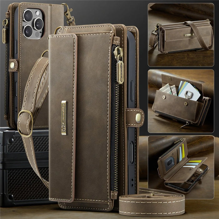 CASEME For iPhone 16 Pro Max  C39 RFID Blocking Zipper Wallet Stand Leather Cover with Strap - Brown - 5