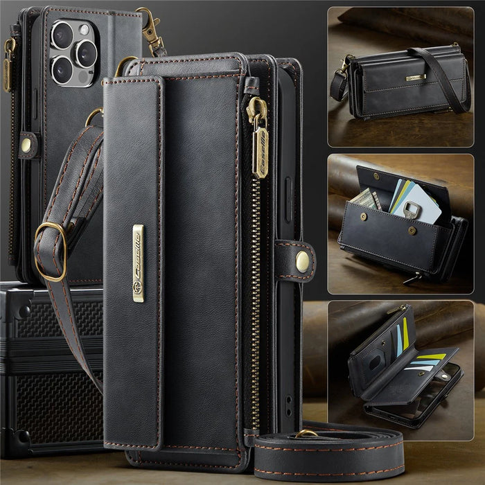CASEME For iPhone 12 Pro Max 6.7 inch Case  C39 RFID Blocking Zipper Wallet Stand Leather Cover with Strap - Black - 5