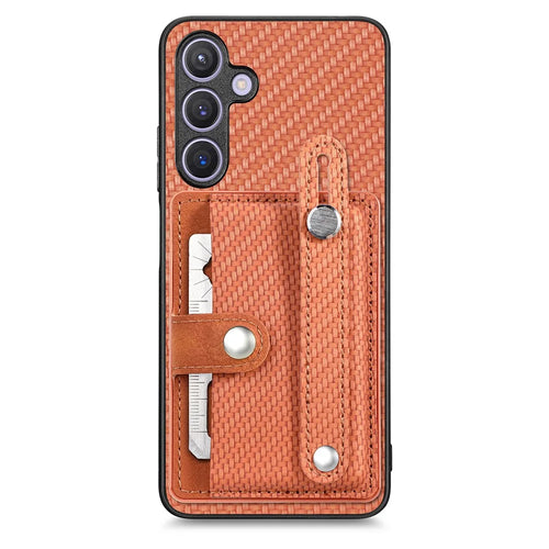 For Samsung Galaxy S25 Case Carbon Fiber Texture Leather Phone Back Cover with Card Holder - Brown - 1