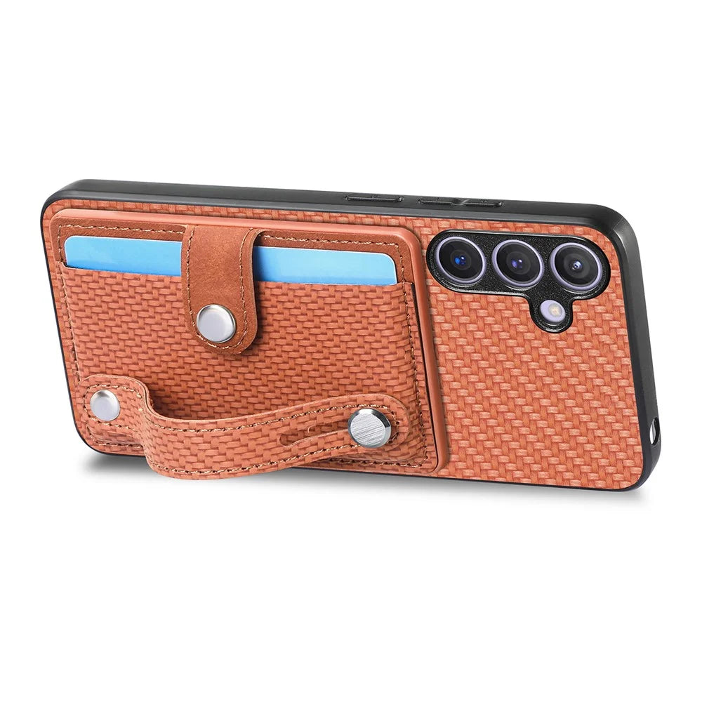 For Samsung Galaxy S25 Case Carbon Fiber Texture Leather Phone Back Cover with Card Holder - Brown - 3