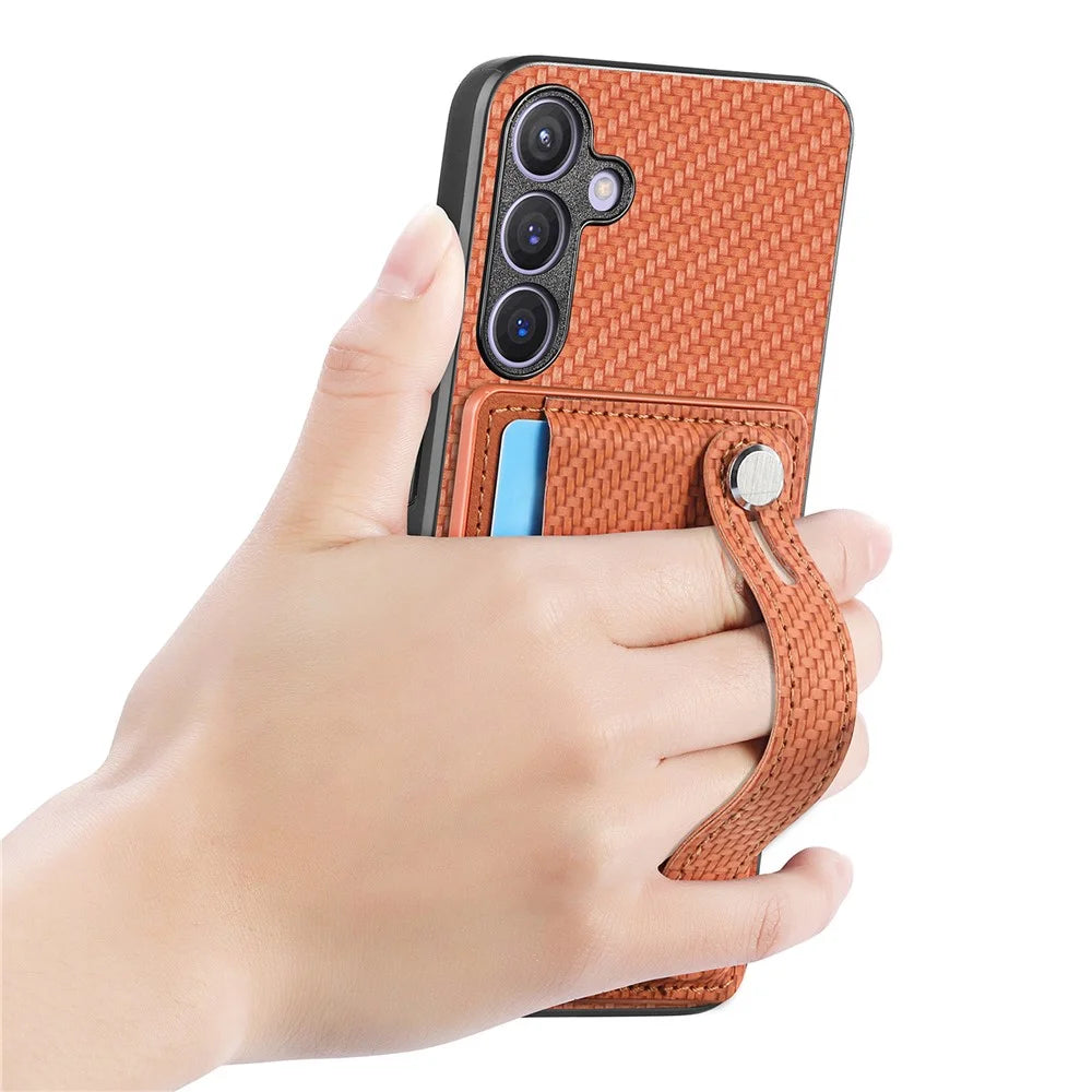 For Samsung Galaxy S25 Case Carbon Fiber Texture Leather Phone Back Cover with Card Holder - Brown - 4