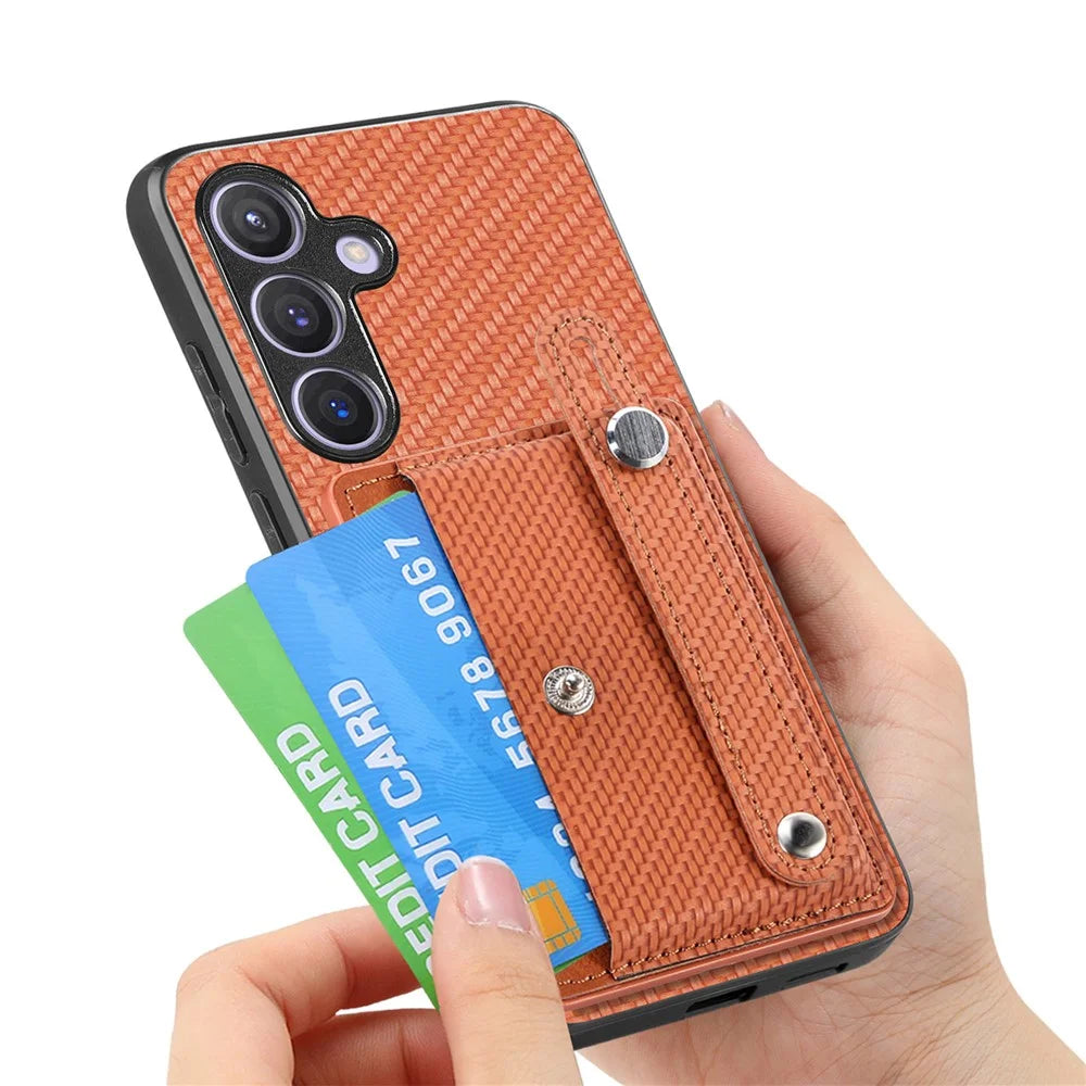 For Samsung Galaxy S25 Case Carbon Fiber Texture Leather Phone Back Cover with Card Holder - Brown - 5