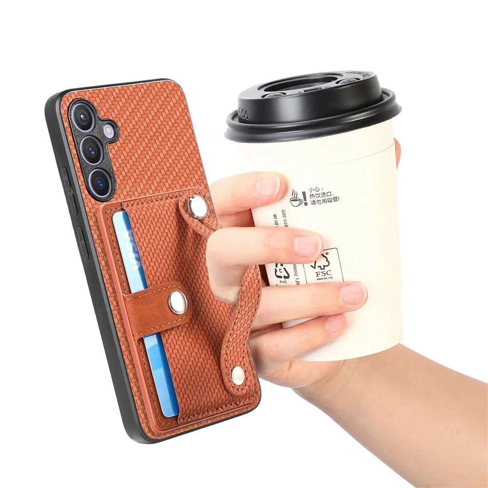For Samsung Galaxy S25 Case Carbon Fiber Texture Leather Phone Back Cover with Card Holder - Brown - 6