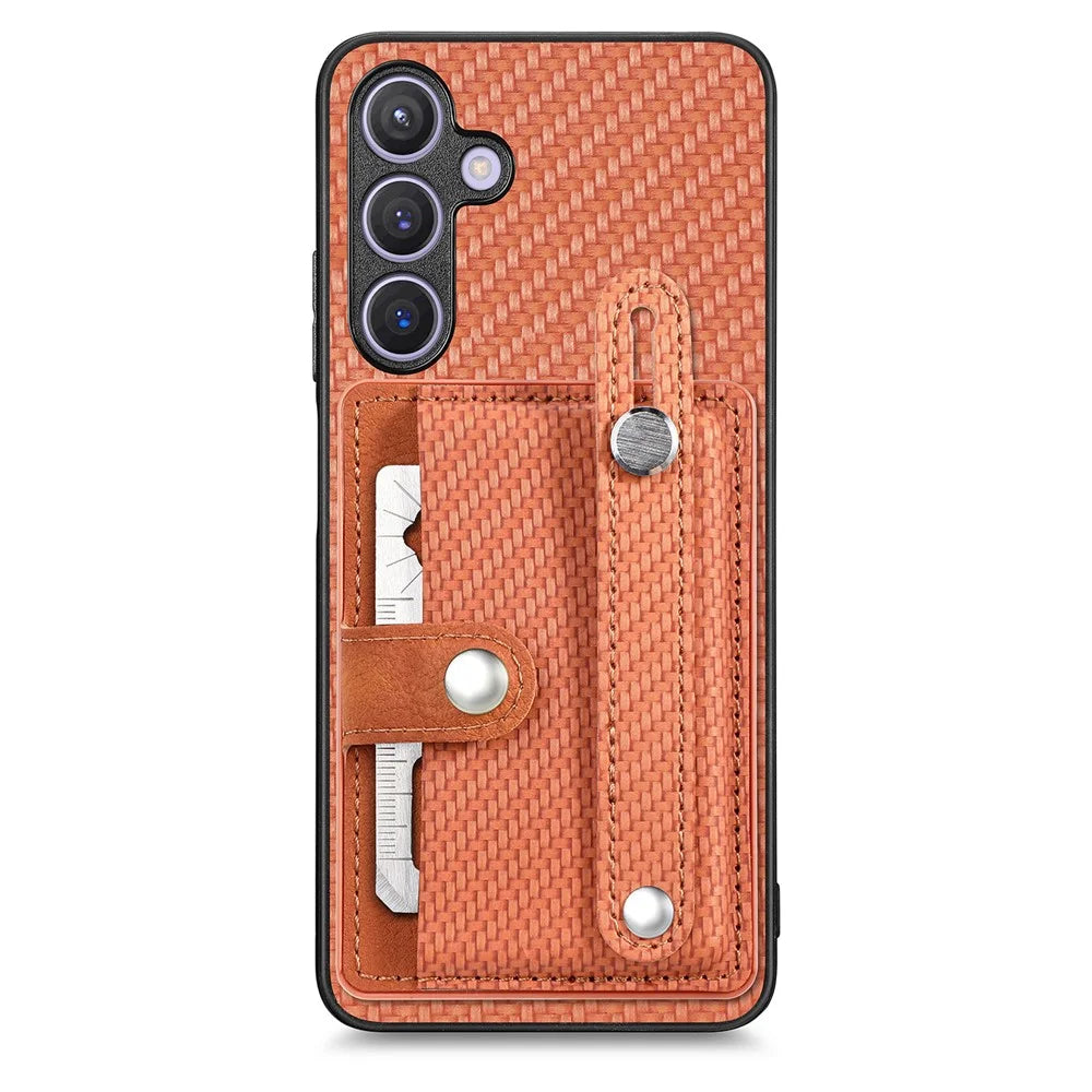 For Samsung Galaxy S25+ Case Carbon Fiber Texture Leather Phone Back Cover with Card Holder - Brown - 1