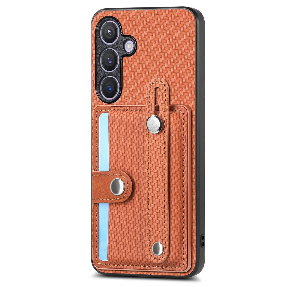 For Samsung Galaxy S25+ Case Carbon Fiber Texture Leather Phone Back Cover with Card Holder - Brown - 2
