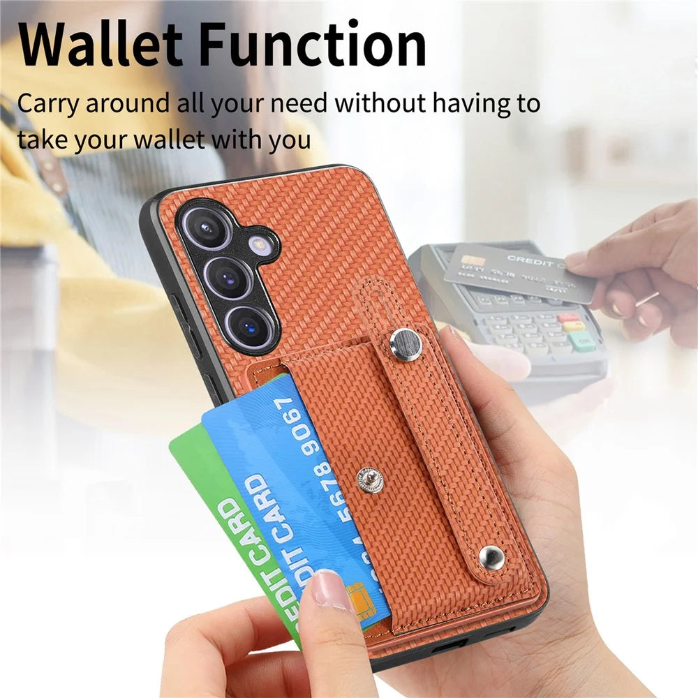 For Samsung Galaxy S25+ Case Carbon Fiber Texture Leather Phone Back Cover with Card Holder - Brown - 6