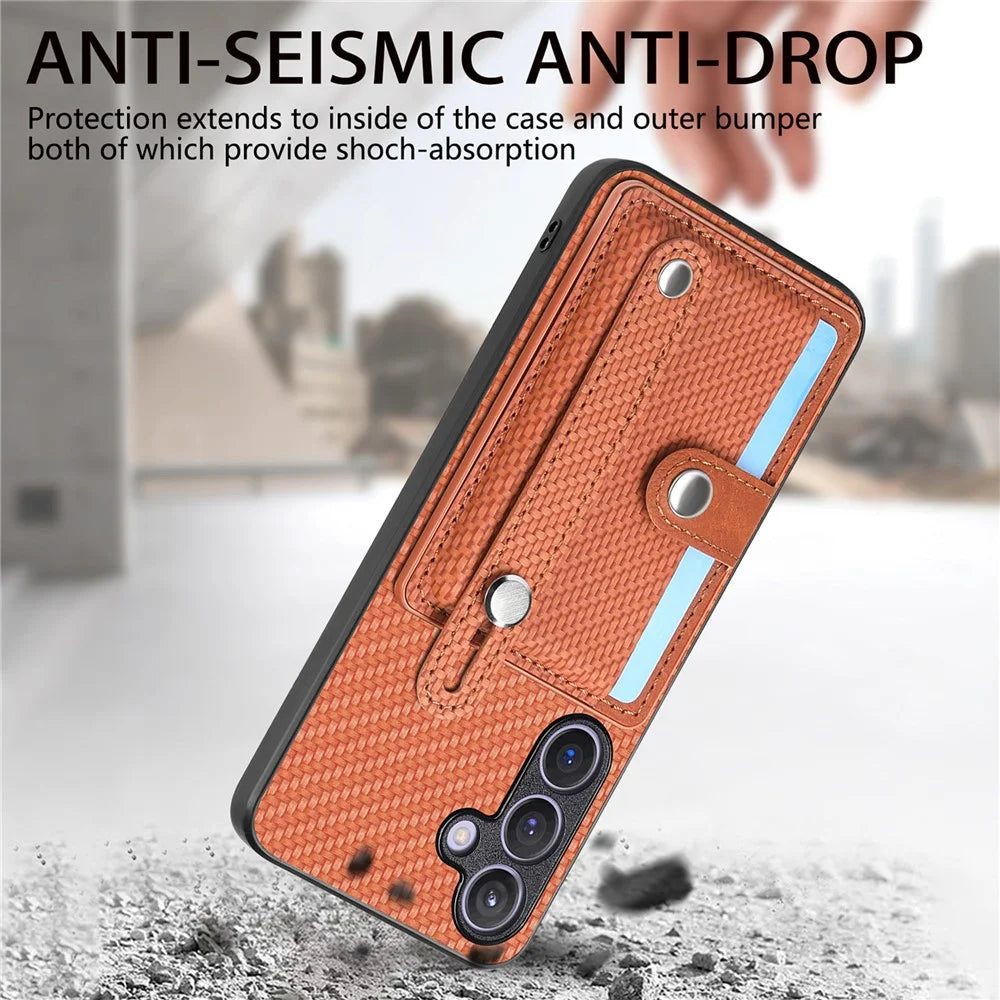 For Samsung Galaxy S25+ Case Carbon Fiber Texture Leather Phone Back Cover with Card Holder - Brown - 7