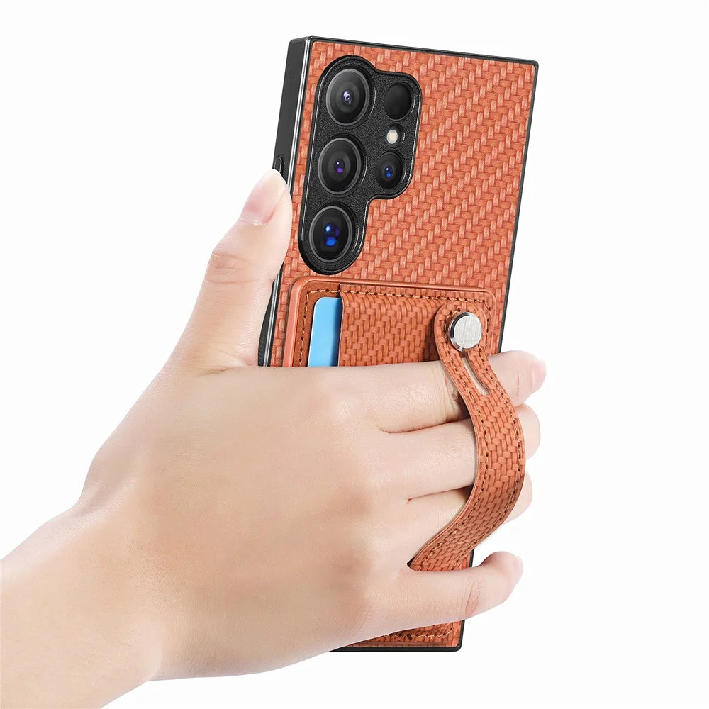 For Samsung Galaxy S25 Ultra Case Carbon Fiber Texture Leather Phone Back Cover with Card Holder - Brown - 4