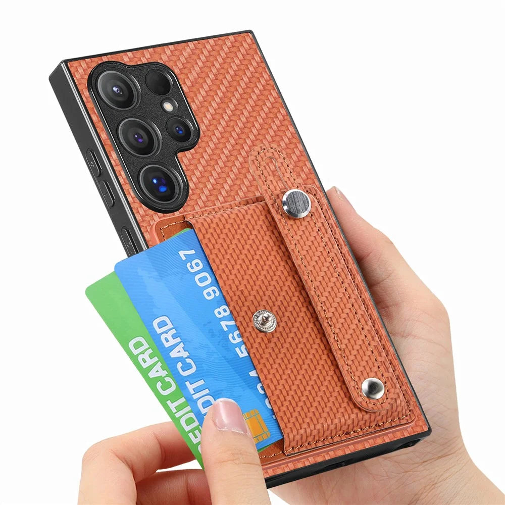 For Samsung Galaxy S25 Ultra Case Carbon Fiber Texture Leather Phone Back Cover with Card Holder - Brown - 5