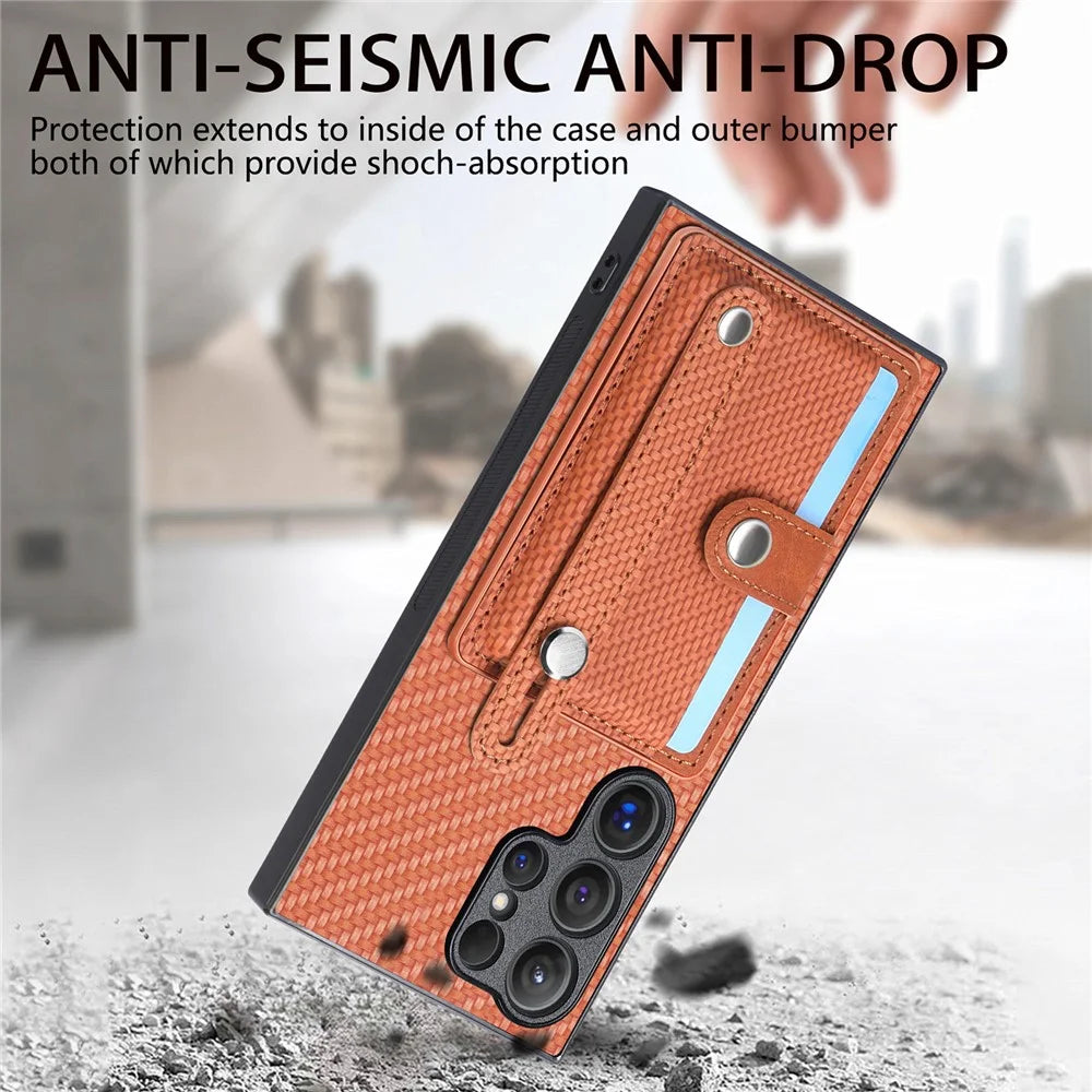 For Samsung Galaxy S25 Ultra Case Carbon Fiber Texture Leather Phone Back Cover with Card Holder - Brown - 7
