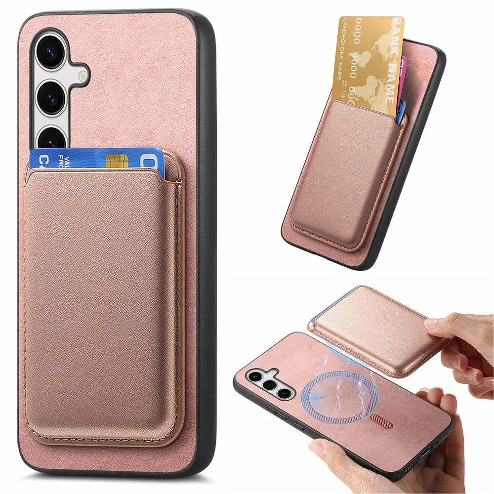 For Samsung Galaxy S25 Case Detachable Magnetic Card Bag Leather Phone Back Cover - Rose Gold - 1