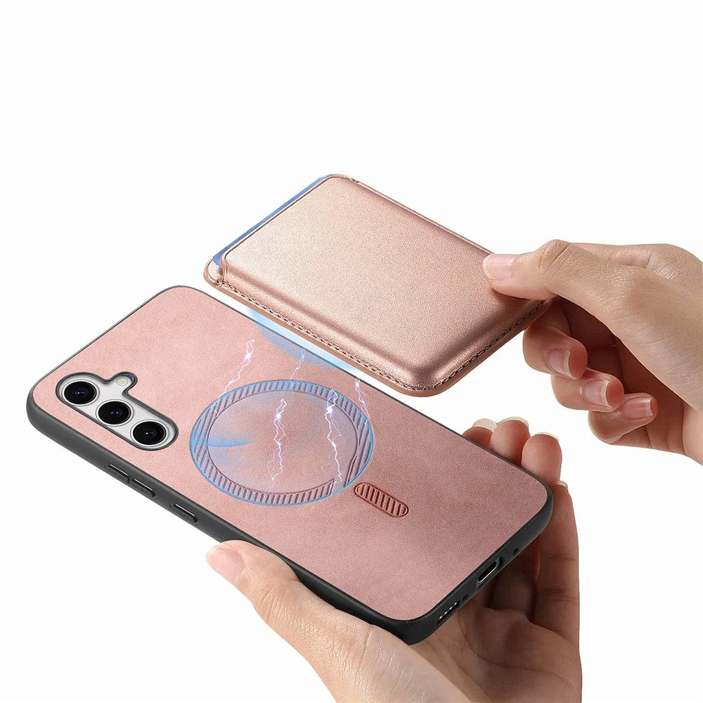 For Samsung Galaxy S25 Case Detachable Magnetic Card Bag Leather Phone Back Cover - Rose Gold - 3