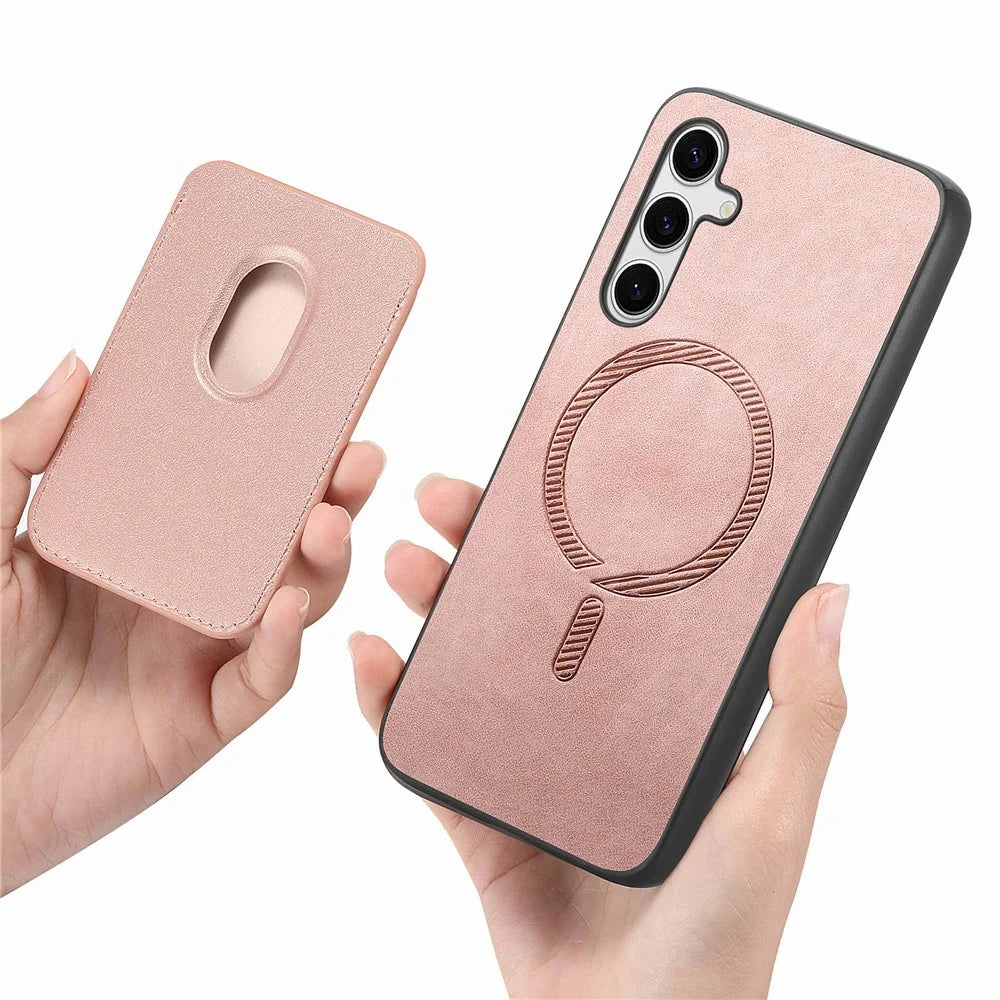 For Samsung Galaxy S25 Case Detachable Magnetic Card Bag Leather Phone Back Cover - Rose Gold - 5