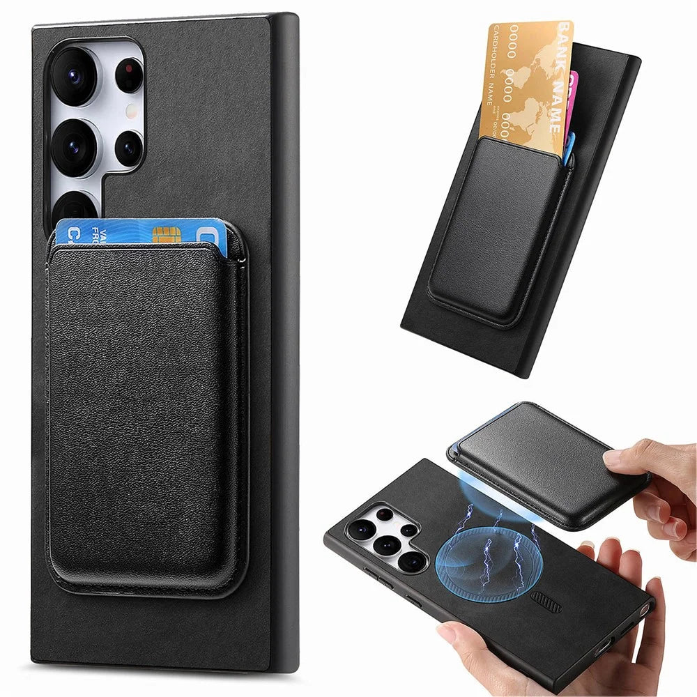 For Samsung Galaxy S25 Ultra Case Detachable Magnetic Card Bag Leather Phone Back Cover - Black - 1