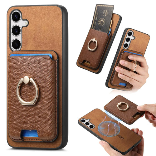For Samsung Galaxy S25+ Magnetic Case Detachable Card Bag Leather Back Cover with Kickstand - Brown - 1