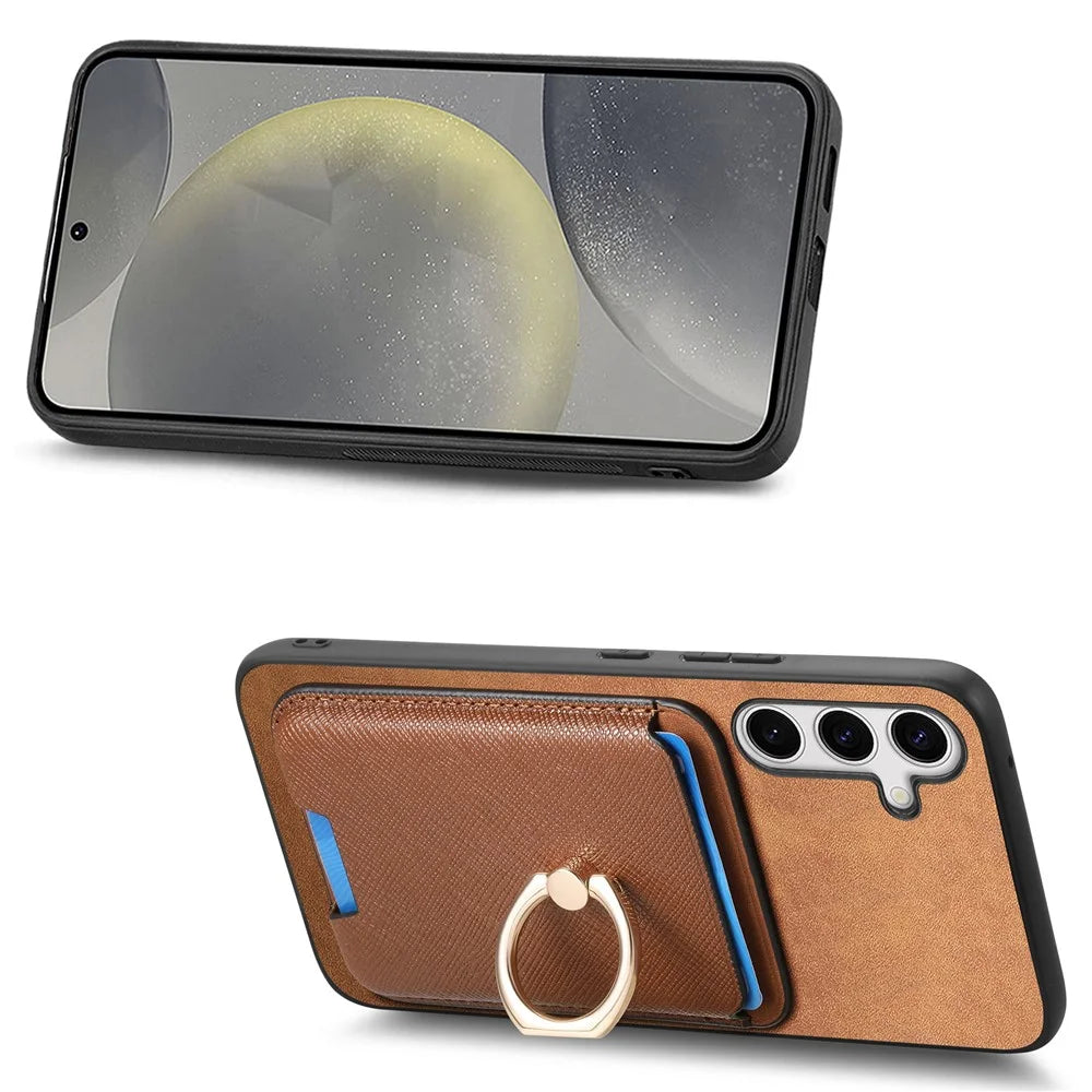 For Samsung Galaxy S25+ Magnetic Case Detachable Card Bag Leather Back Cover with Kickstand - Brown - 3