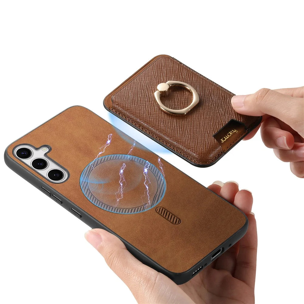 For Samsung Galaxy S25+ Magnetic Case Detachable Card Bag Leather Back Cover with Kickstand - Brown - 4