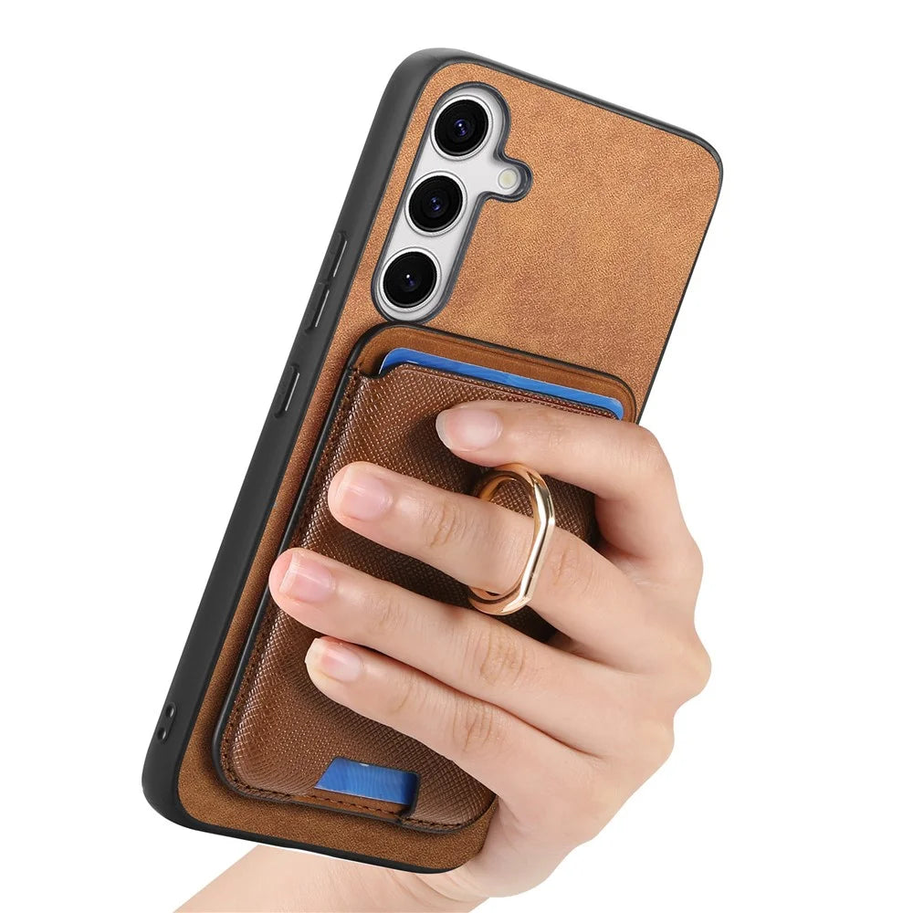For Samsung Galaxy S25+ Magnetic Case Detachable Card Bag Leather Back Cover with Kickstand - Brown - 5