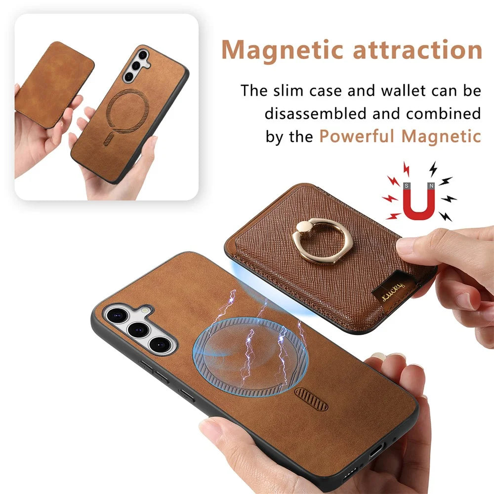 For Samsung Galaxy S25+ Magnetic Case Detachable Card Bag Leather Back Cover with Kickstand - Brown - 6