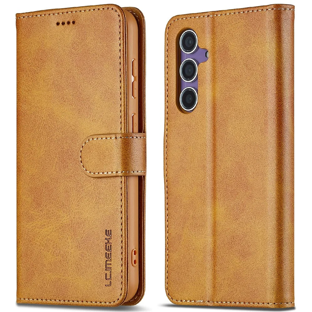 LC.IMEEKE For Samsung Galaxy S25 Case Calf Texture PU Leather Stand Wallet Phone Cover - Yellow - 1