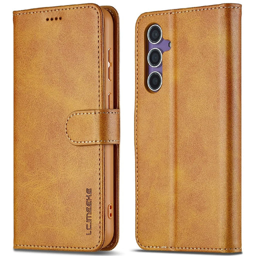 LC.IMEEKE For Samsung Galaxy S25 Case Calf Texture PU Leather Stand Wallet Phone Cover - Yellow - 1