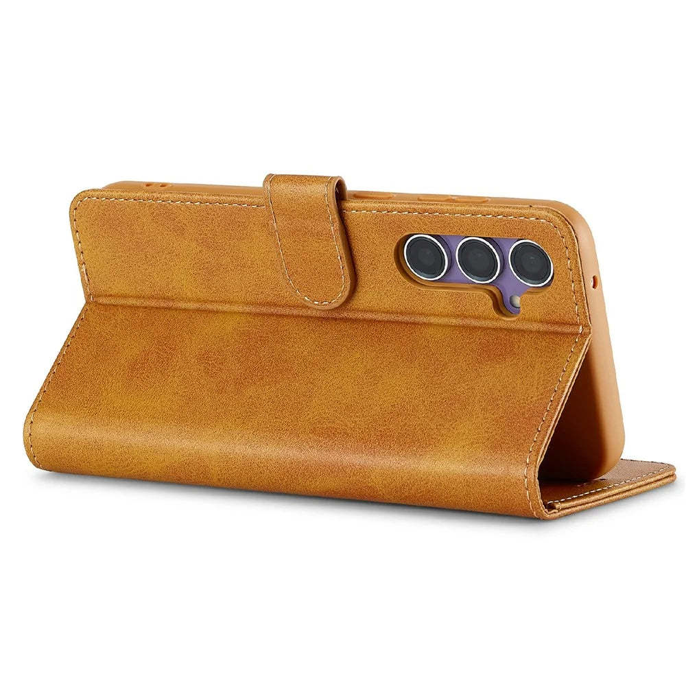 LC.IMEEKE For Samsung Galaxy S25 Case Calf Texture PU Leather Stand Wallet Phone Cover - Yellow - 3