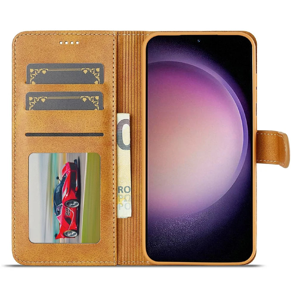 LC.IMEEKE For Samsung Galaxy S25 Case Calf Texture PU Leather Stand Wallet Phone Cover - Yellow - 4