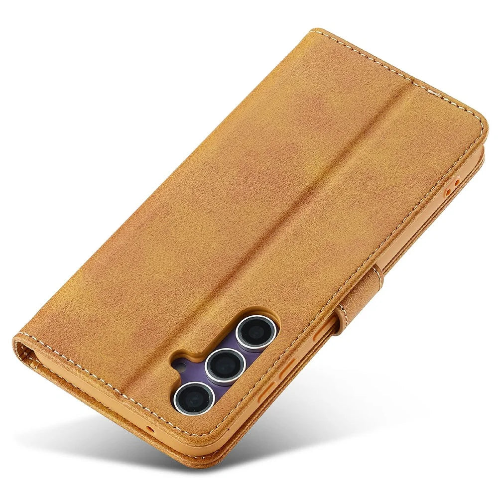 LC.IMEEKE For Samsung Galaxy S25 Case Calf Texture PU Leather Stand Wallet Phone Cover - Yellow - 5