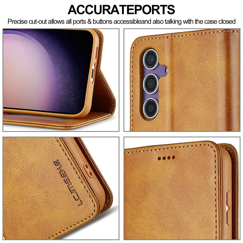 LC.IMEEKE For Samsung Galaxy S25 Case Calf Texture PU Leather Stand Wallet Phone Cover - Yellow - 7