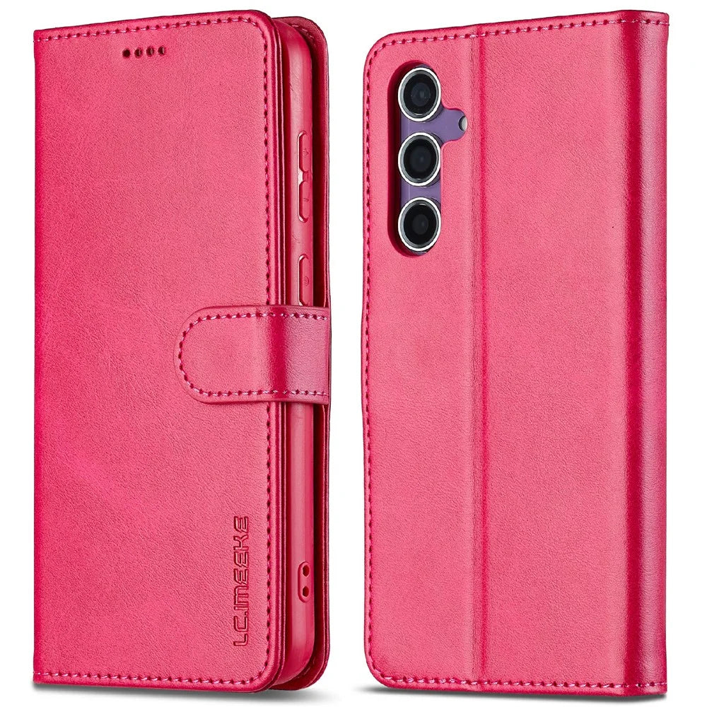 LC.IMEEKE For Samsung Galaxy S25+ Case Calf Texture PU Leather Stand Wallet Phone Cover - Rose - 1