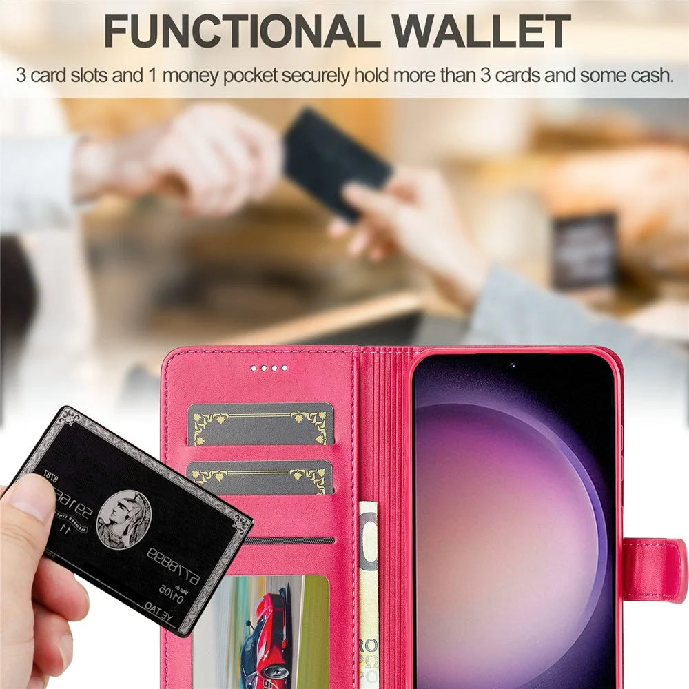 LC.IMEEKE For Samsung Galaxy S25+ Case Calf Texture PU Leather Stand Wallet Phone Cover - Rose - 6