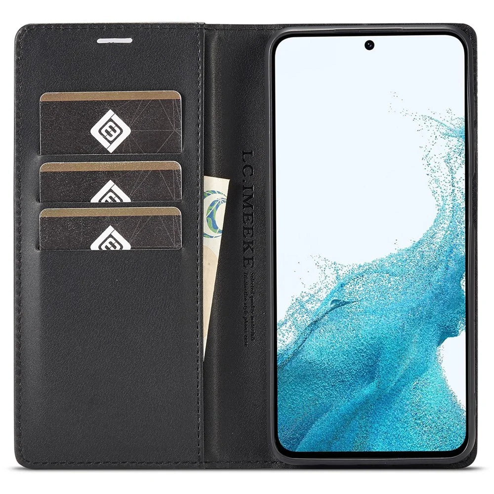 LC.IMEEKE For Samsung Galaxy S25 Case Carbon Fiber Texture Phone Cover Stand Card Holder - Horizontal Stripe - 2