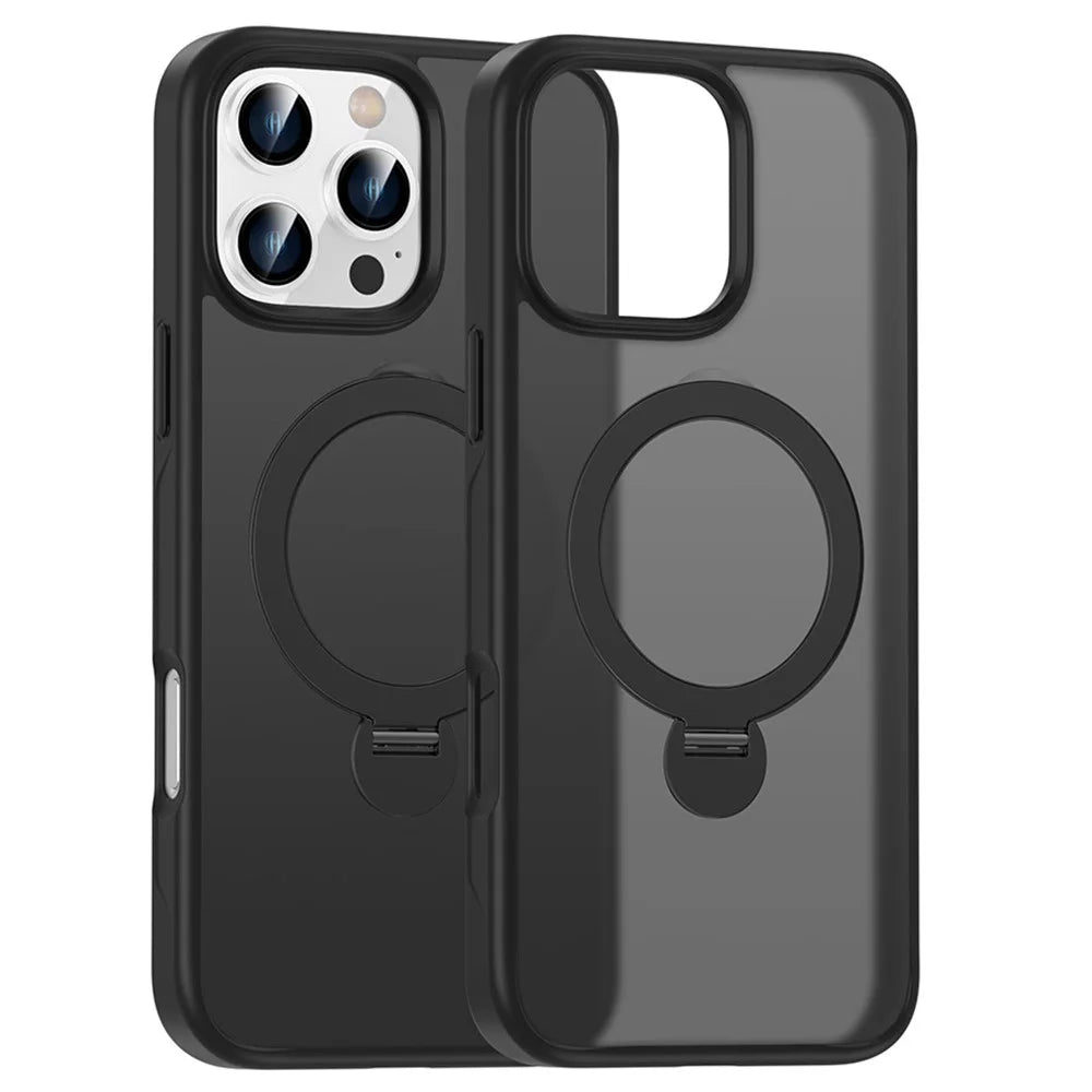 For iPhone 16 Pro Case Compatible with MagSafe PC+TPU Rotating Kickstand Phone Cover - Black - 1