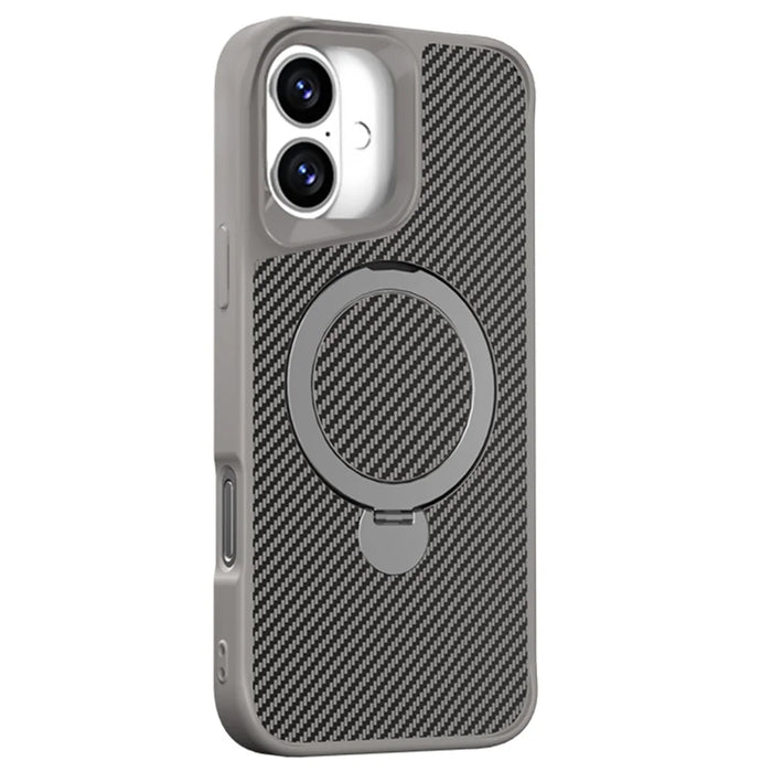 For iPhone 16 Phone Case with Magnetic Kickstand TPU + PC Carbon Fiber Back Cover - Grey - 1