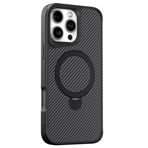 For iPhone 16 Pro Max Phone Case with Magnetic Kickstand TPU + PC Carbon Fiber Back Cover - Black - 1