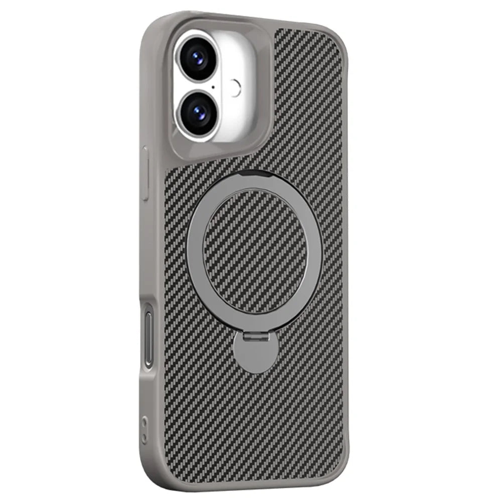 For iPhone 16 Plus Phone Case with Magnetic Kickstand TPU+PC Carbon Fiber Back Cover - Grey - 1