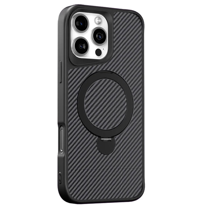 For iPhone 16 Pro Phone Case with Magnetic Kickstand TPU+PC Carbon Fiber Back Cover - Black - 1
