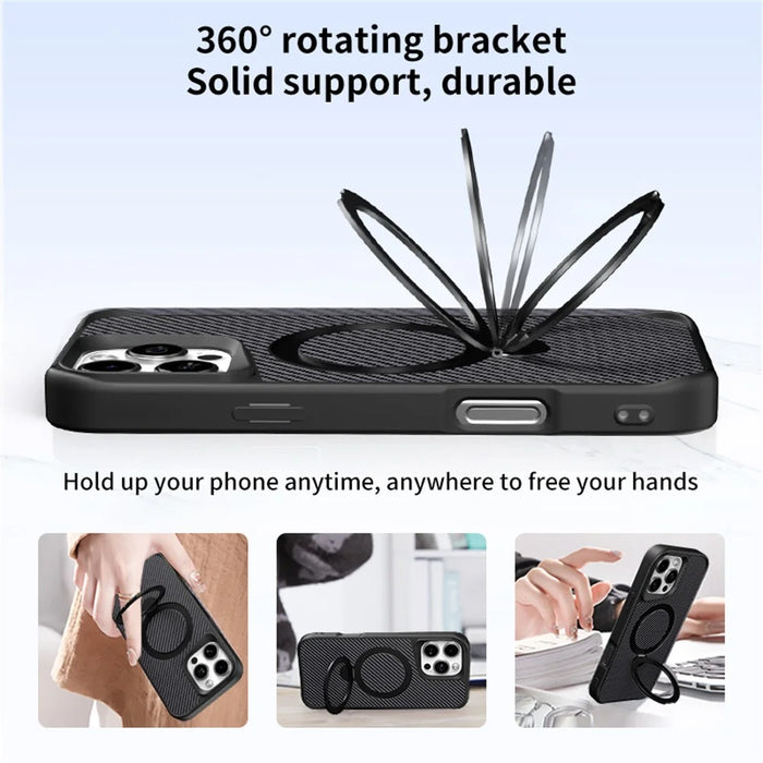 For iPhone 16 Pro Phone Case with Magnetic Kickstand TPU+PC Carbon Fiber Back Cover - Black - 2