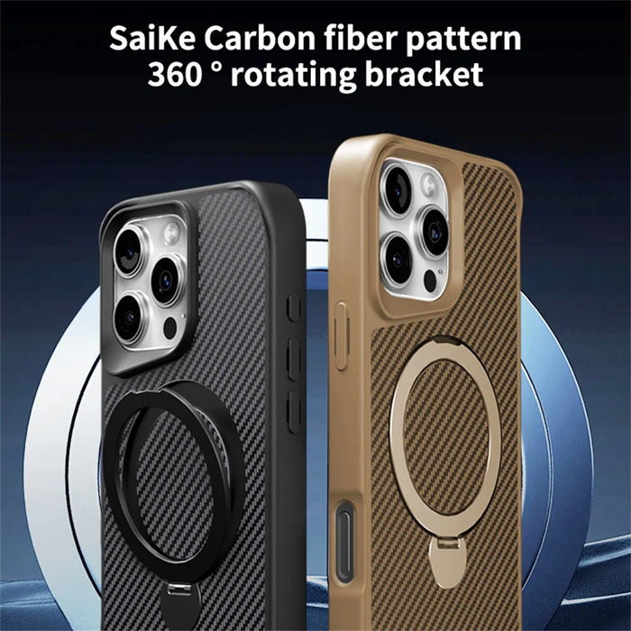 For iPhone 16 Pro Phone Case with Magnetic Kickstand TPU+PC Carbon Fiber Back Cover - Black - 6