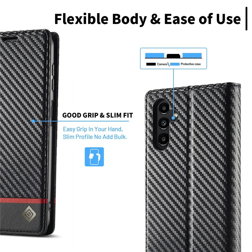 LC.IMEEKE For Samsung Galaxy A16 4G / 5G Case Carbon Fiber Texture Phone Cover Stand Card Holder - Horizontal Stripe - 4