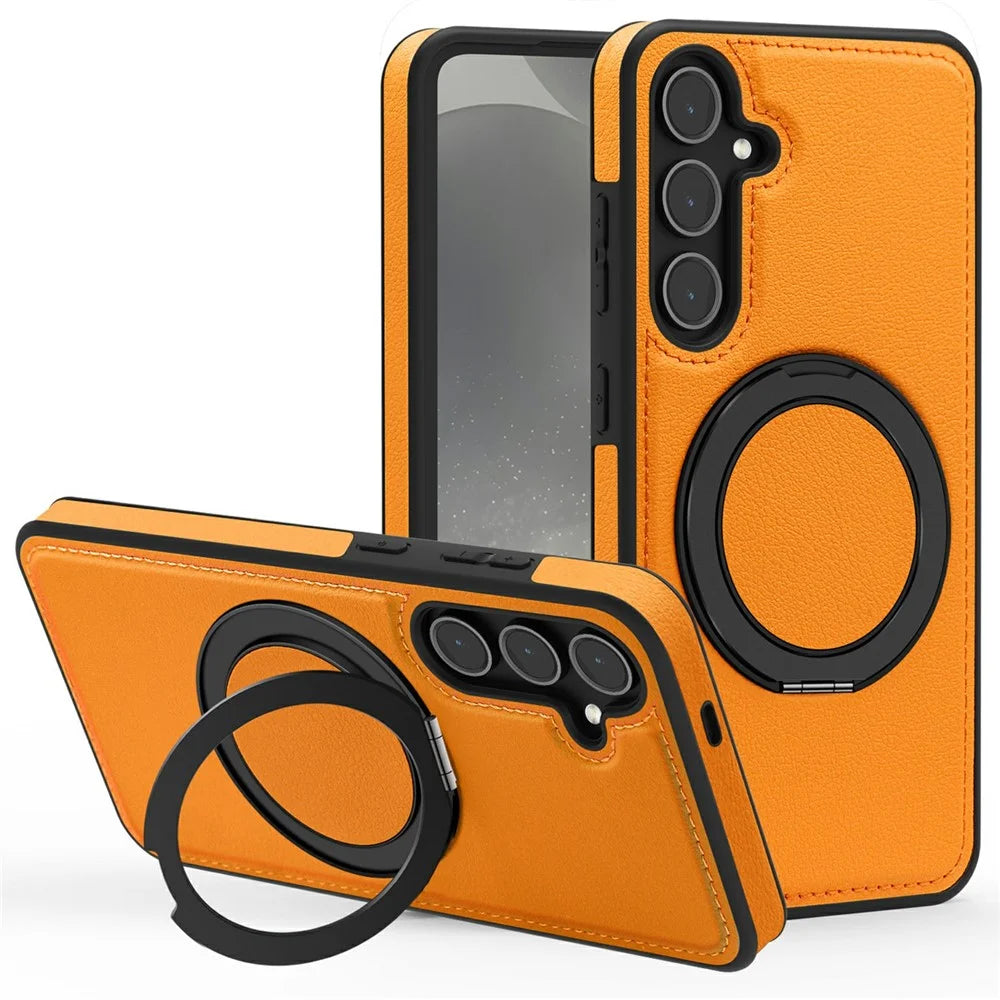 For Samsung Galaxy S25 Case with Ring Kickstand Magnetic Case PU Leather Back Cover - Orange - 1