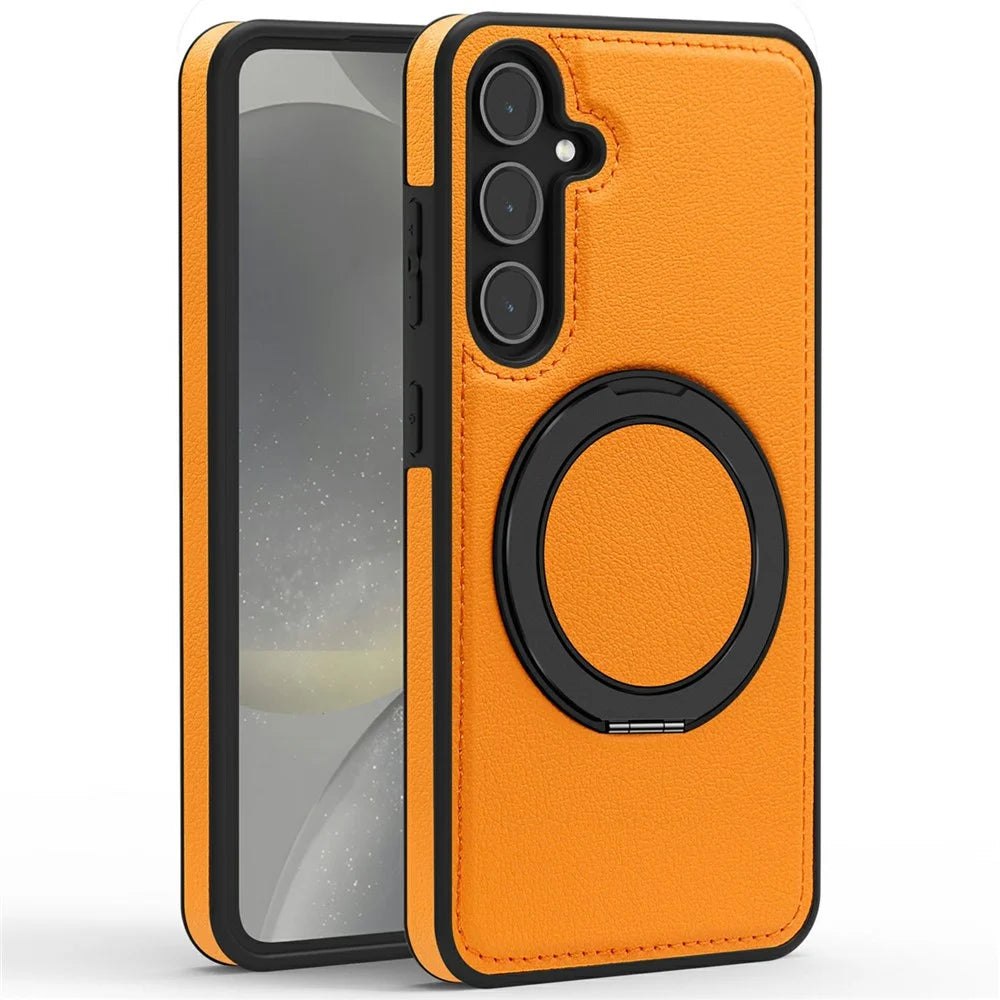 For Samsung Galaxy S25 Case with Ring Kickstand Magnetic Case PU Leather Back Cover - Orange - 2