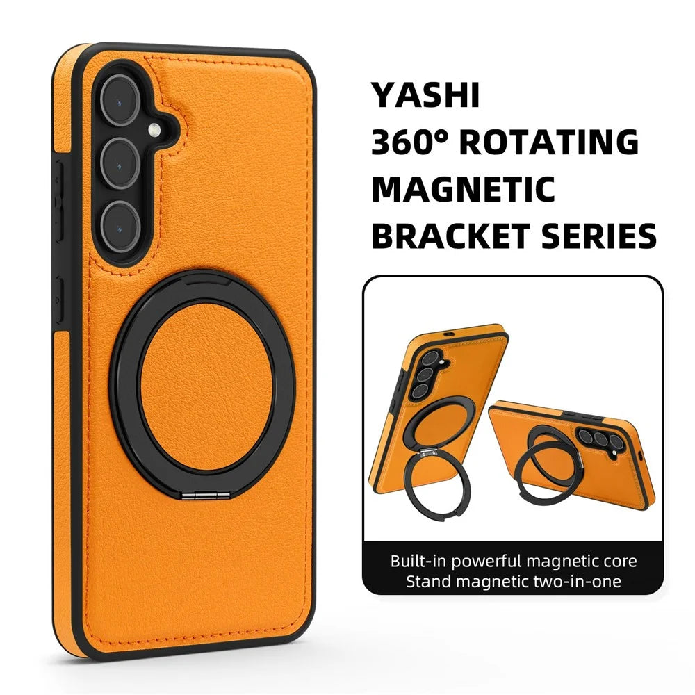 For Samsung Galaxy S25 Case with Ring Kickstand Magnetic Case PU Leather Back Cover - Orange - 3