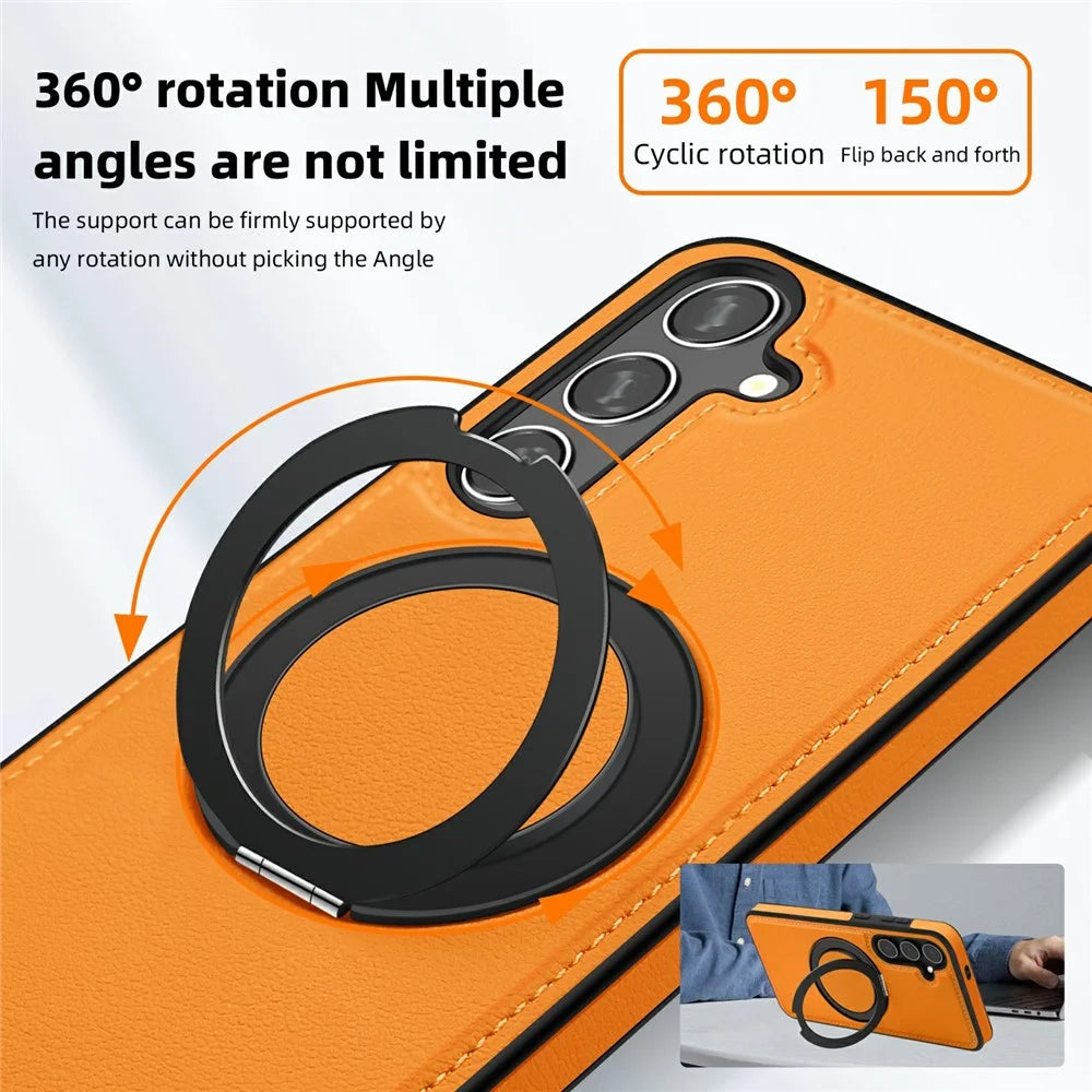 For Samsung Galaxy S25 Case with Ring Kickstand Magnetic Case PU Leather Back Cover - Orange - 4