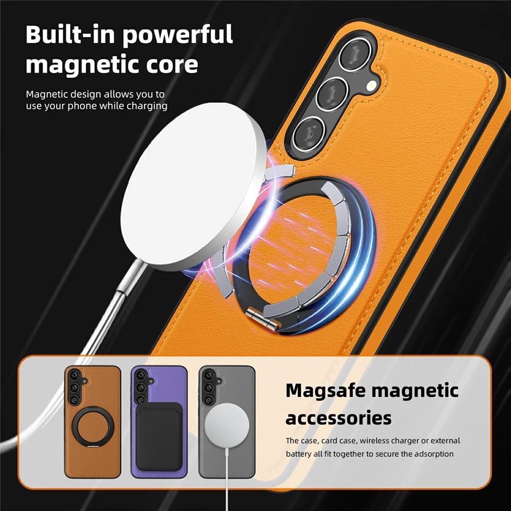 For Samsung Galaxy S25 Case with Ring Kickstand Magnetic Case PU Leather Back Cover - Orange - 5